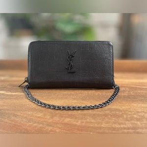 Authentic Yves Saint Laurent Black Crocodile Skin Wallet on Chain